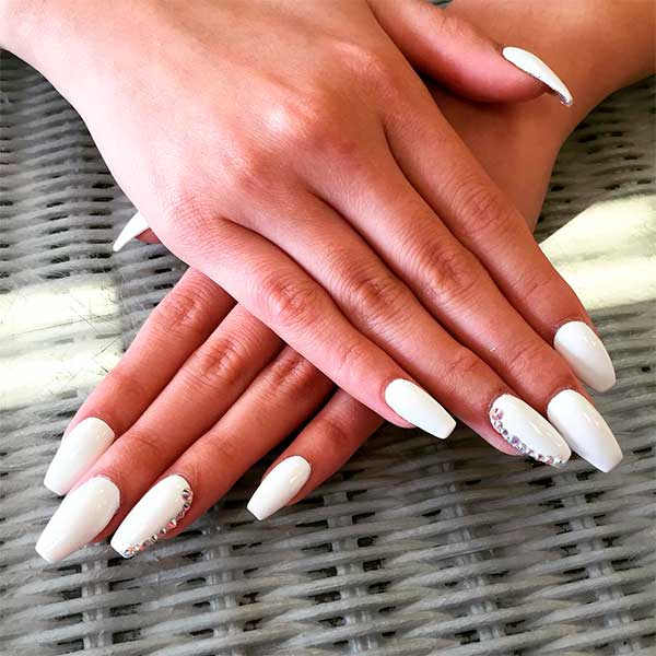 Nice white coffin nails with rhinestones