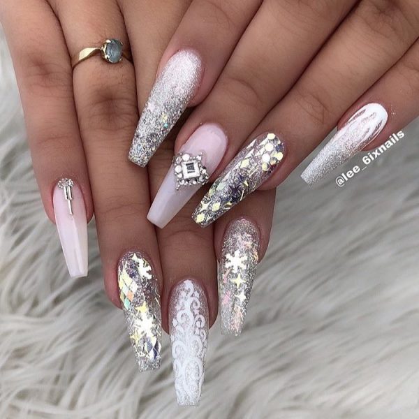 So Gorgeous pink and white silver glitter ombre nails with rhinestones!