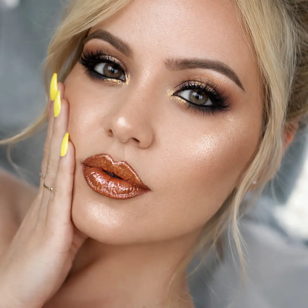 Yellow Matte Coffin in a full beauty context — the nude lips and warm eyeshadow show exactly how to build an outfit look around this colour.