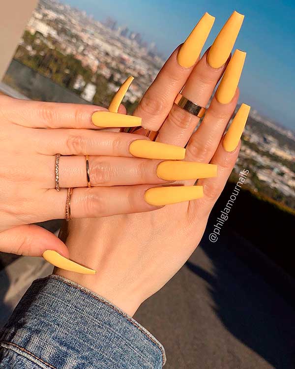 Cute mustard yellow matte coffin nails long set!