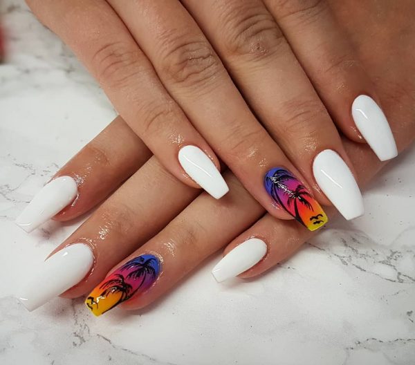 Gorgeous white summer nails with accent sunset image nail!