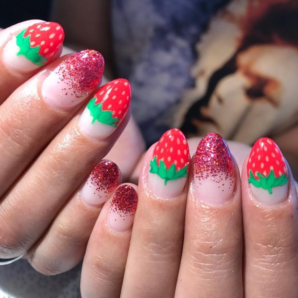 Amazing strawberry nail art with glittery nails!
