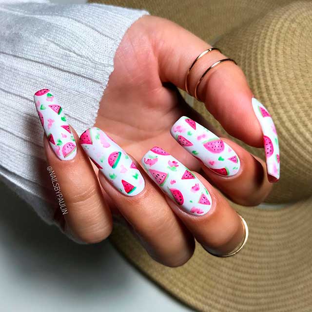 Amazing watermelon coffin nails design with white base color!