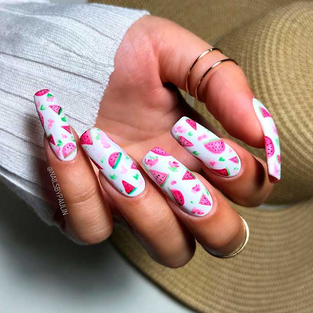Amazing watermelon coffin nails design with white base color! Amazing watermelon coffin nails design with white base color!