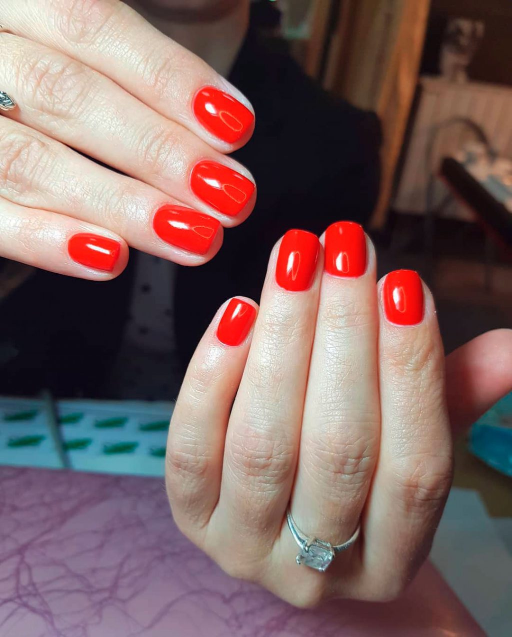 Beautiful squoval short red acrylic nails