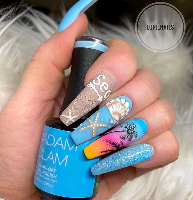 These light blue nails with sea stars one of the best cute nail ideas for summer