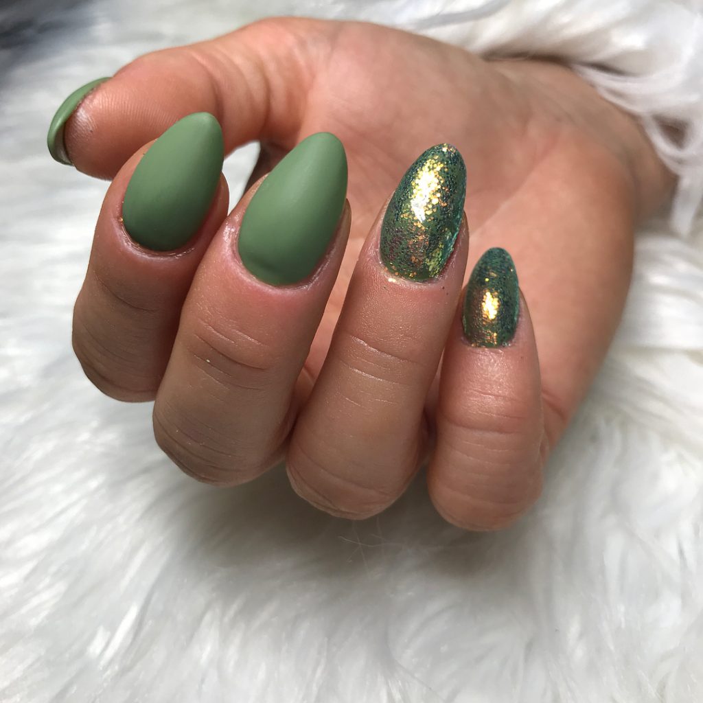 Amazing matte olive green nails with two green glitter nails!