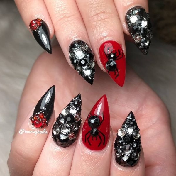 Amazing Black with Crystals Halloween Nails with Accent Spider web Red Nail