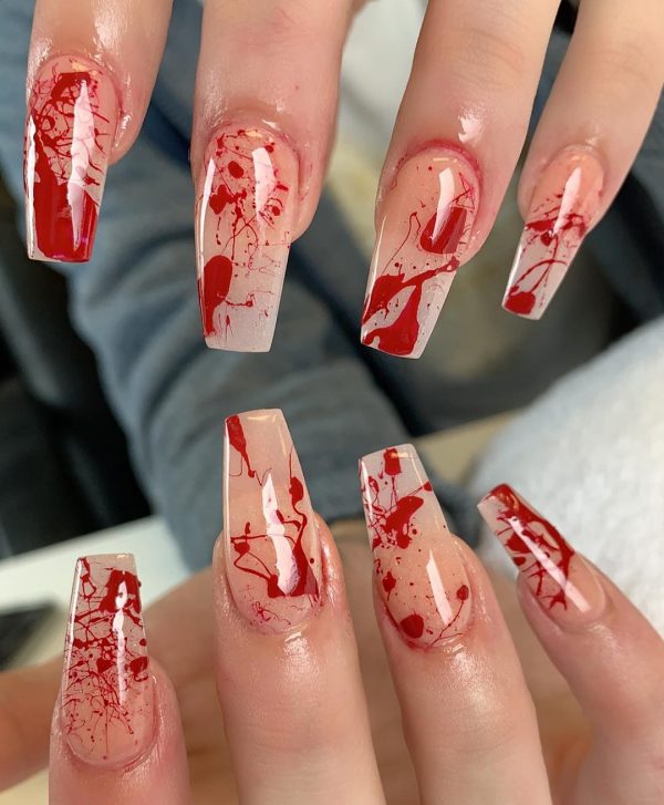 Amazing Bloody Nude Coffin Shaped Halloween Nails Amazing Bloody Nude Coffin Shaped Halloween Nails are creepy Halloween acrylic nails