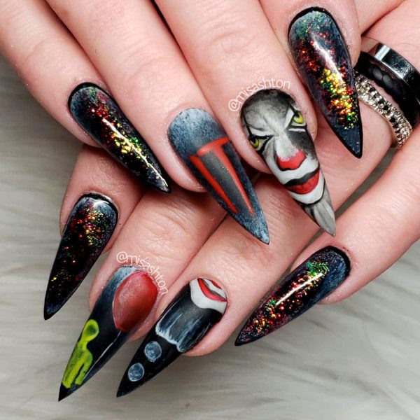 Amazing Clown Halloween Stiletto Nails, creepy Halloween nail designs