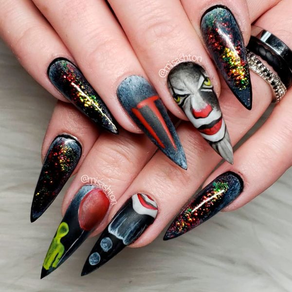 Amazing Clown Halloween Stiletto Nails Amazing Clown Halloween Stiletto Nails, creepy Halloween nail designs