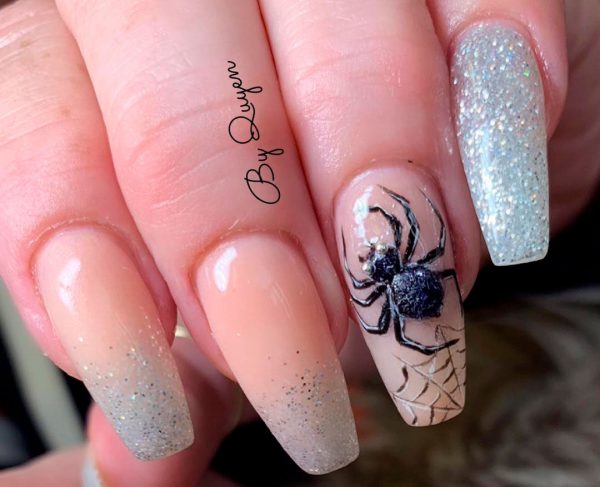 Amazing Glitter & Spider web Halloween Press On Nails are creepy coffin Halloween nails