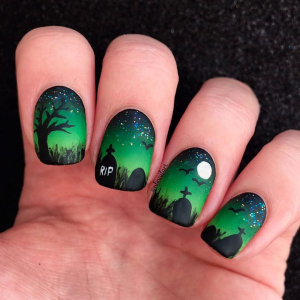 Amazing Green Tombstone Halloween Nails Amazing Green Tombstone Halloween Nails