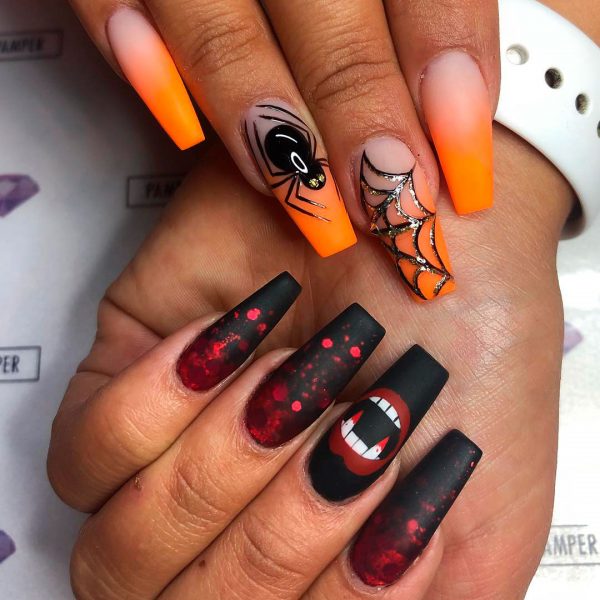 Amazing Halloween Ombre Orange Spiderweb & Bloody Black Nails Amazing Halloween Ombre Orange Spiderweb & Bloody Black Nails are amazing Halloween nail designs