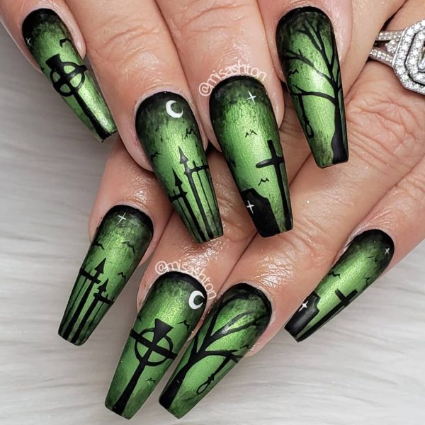 Amazing Long Coffin Shaped Halloween Nails which are creepy graveyard keeper bloody nails