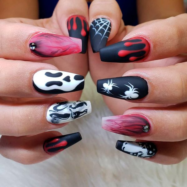 Amazing Miscellaneous Coffin Shaped Halloween Nails, mix of Halloween nail designs in one design