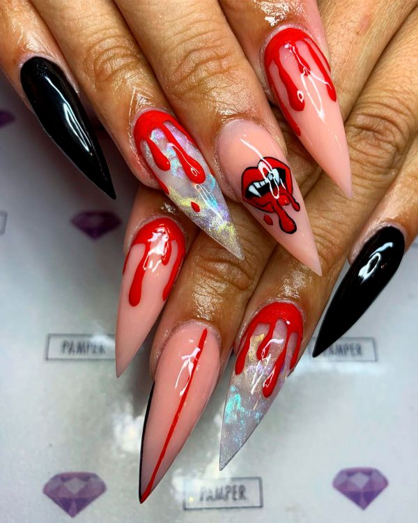 Amazing Vampire, Black & with Accent Chrome Bloody Halloween Nails Idea Amazing Vampire, Black & with Accent Chrome Bloody Halloween Nails Idea