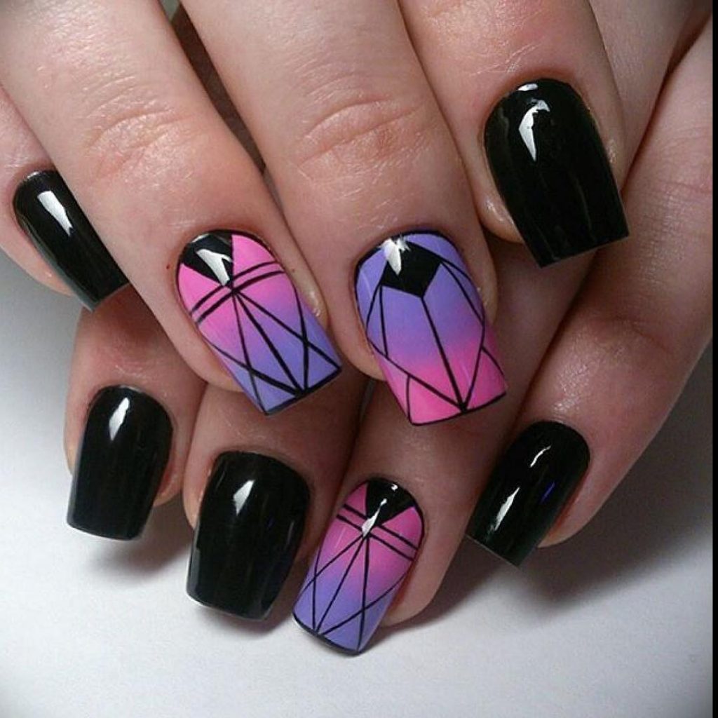 Amazing black short acrylic nails design with two nails in ombre pink &...