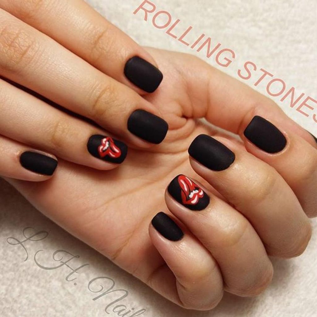 Beautiful black short acrylic nails design with accent black nail with red lip & tongue!