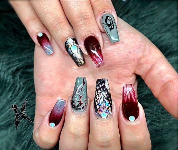 Bloody Coffin Shaped Halloween Nail Idea, Halloween nail designs, spider web nails design