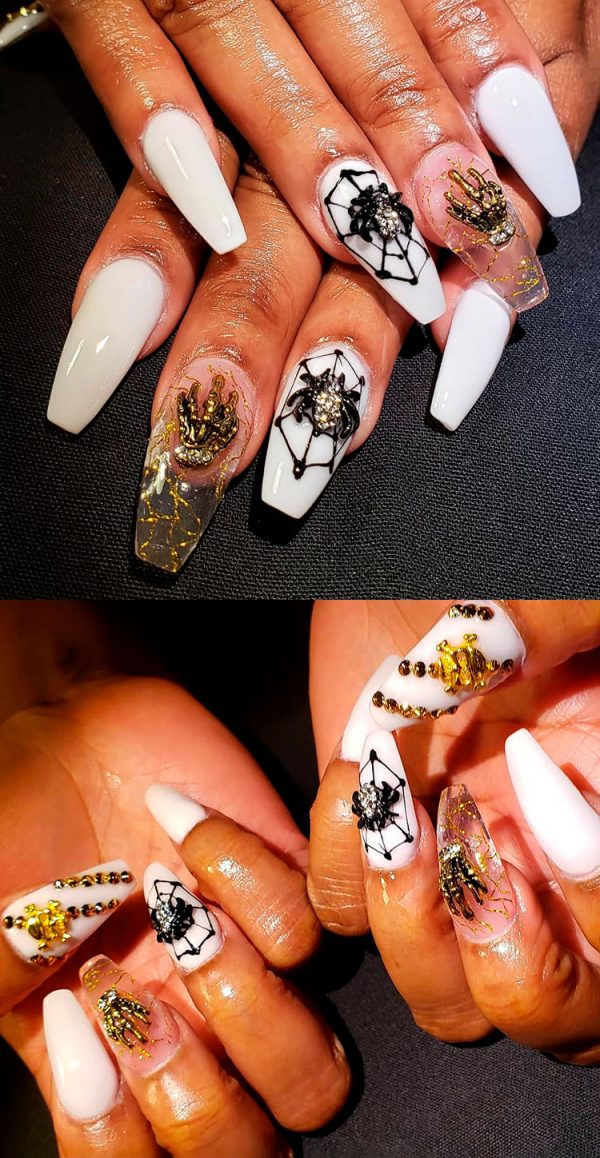 Creepy spider web Halloween coffin shaped nails are amazing white Halloween nails