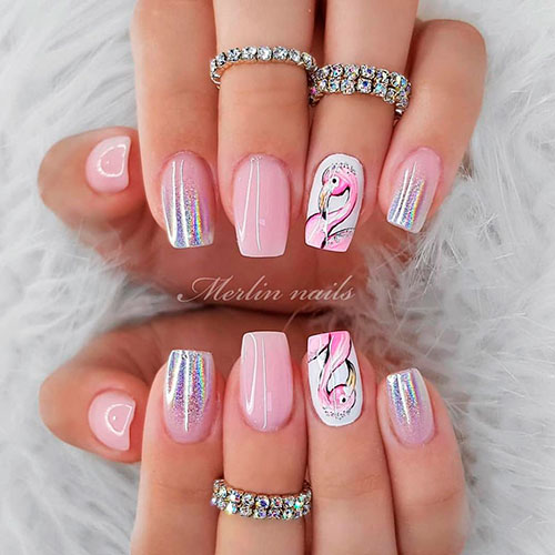 Cute light pink short nails with an accent flamingo nail and chrome effect on tips