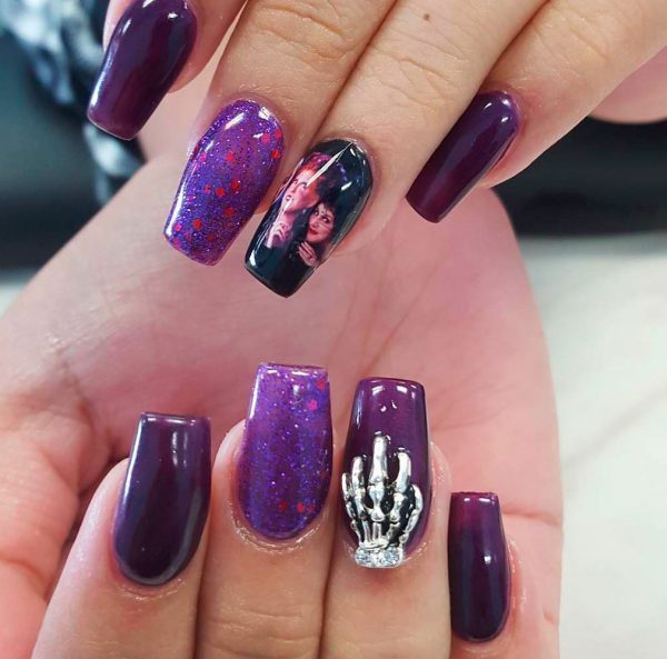 Cute purple Halloween coffin shaped nails! Cute purple Halloween coffin shaped nails, are cute Halloween nails to try