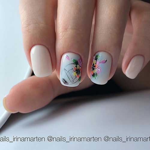 Cute sheer white acrylic nails short, white square acrylic nails short with two accent square floral nails design