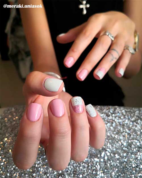 Cute short pink and white acrylic nails set!