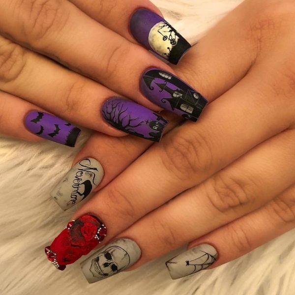 Nice Coffin Shaped Halloween Nail Idea, Halloween nail designs, Gothic and skull nails design