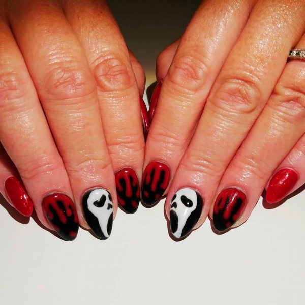 Short Almond Shaped Halloween Acrylic Nails, short Halloween nails, bloody Halloween nail designs