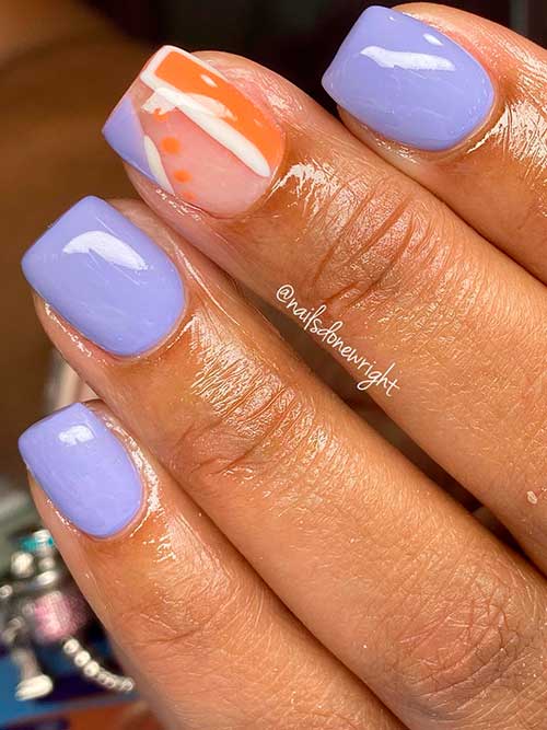 Short Square Acrylic Nails Consist of Short Purple Acrylic Nails with Orange and White Touches on Accent