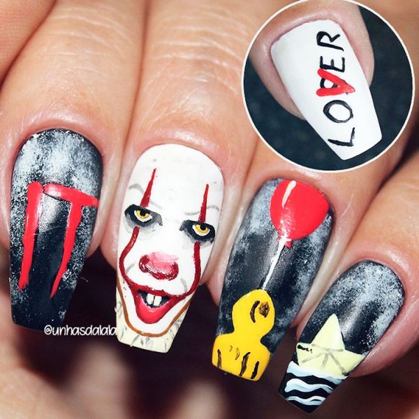 Spooky Halloween Coffin Nails; these clown nails are perfect Halloween nails