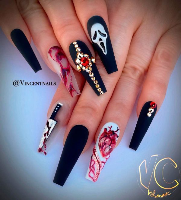 Stunning Black, Bloody & Knife Halloween Long Shaped Coffin Nails Stunning Black, Bloody & Knife Halloween Long Shaped Coffin Nails are Creepy Halloween nails