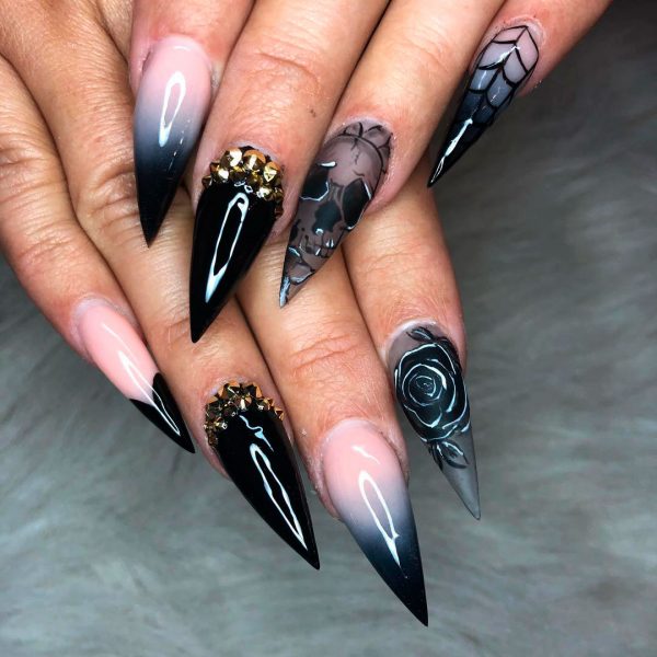 Stunning Black long Stiletto Halloween Nails, black Halloween nails, long Halloween nail designs