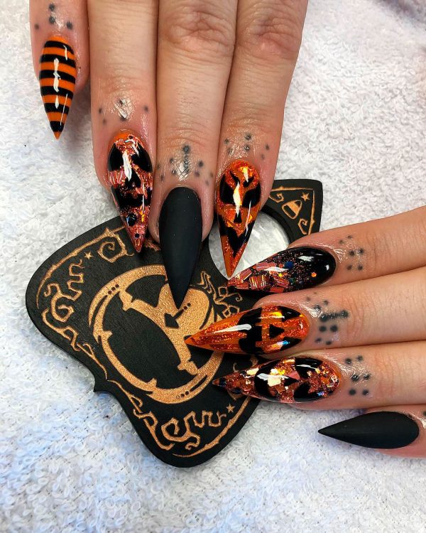 Stunning Glitter Halloween Pumpkin Nails, long Halloween nails, pumpkin Halloween nail designs