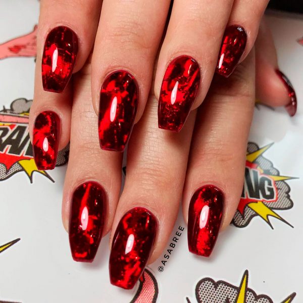 Stunning Halloween Red Glass Gel Nails are gorgeous and creepy Halloween nails