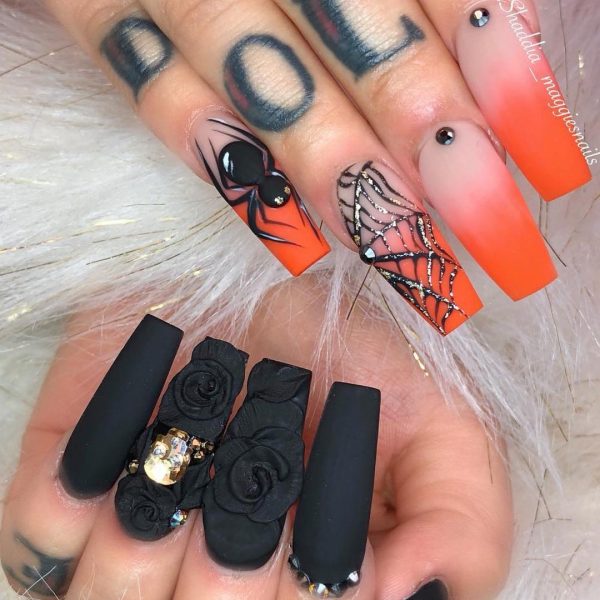 Stunning Ombre Orange Spider web and Black Halloween Press On Nails are best of Halloween nail designs