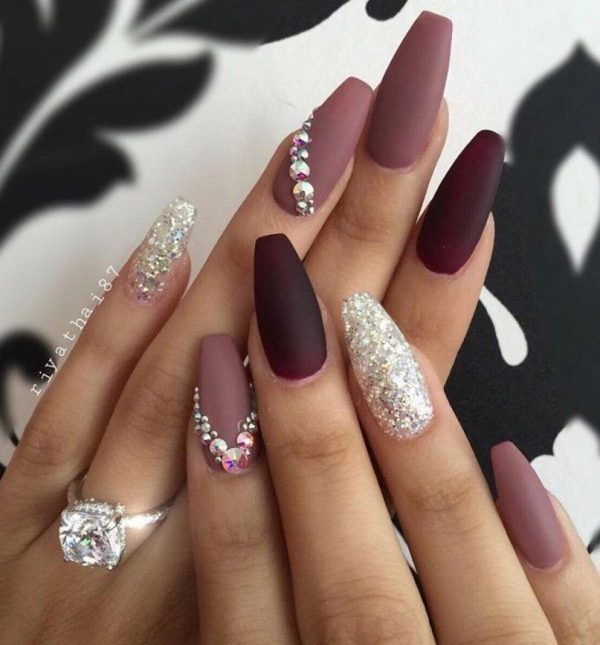 Amazing Maroon fall nails with Accent Glitter Nail and some rhinestones on another accent nail