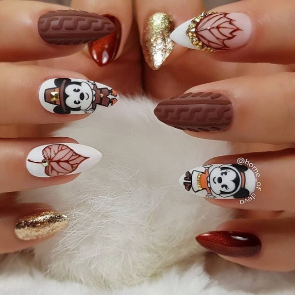 Amazing Mickey Mouse Thanksgiving Nails with Gold Glitter Design