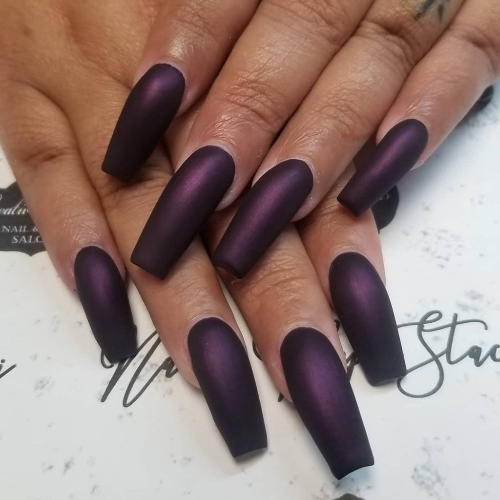 Beautiful Long Coffin Shaped Dark Purple Fall Nails