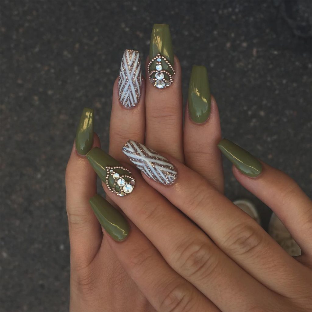 Beautiful Matte Olive Green Fall Nails with Accent Gold Glitter Nail Design