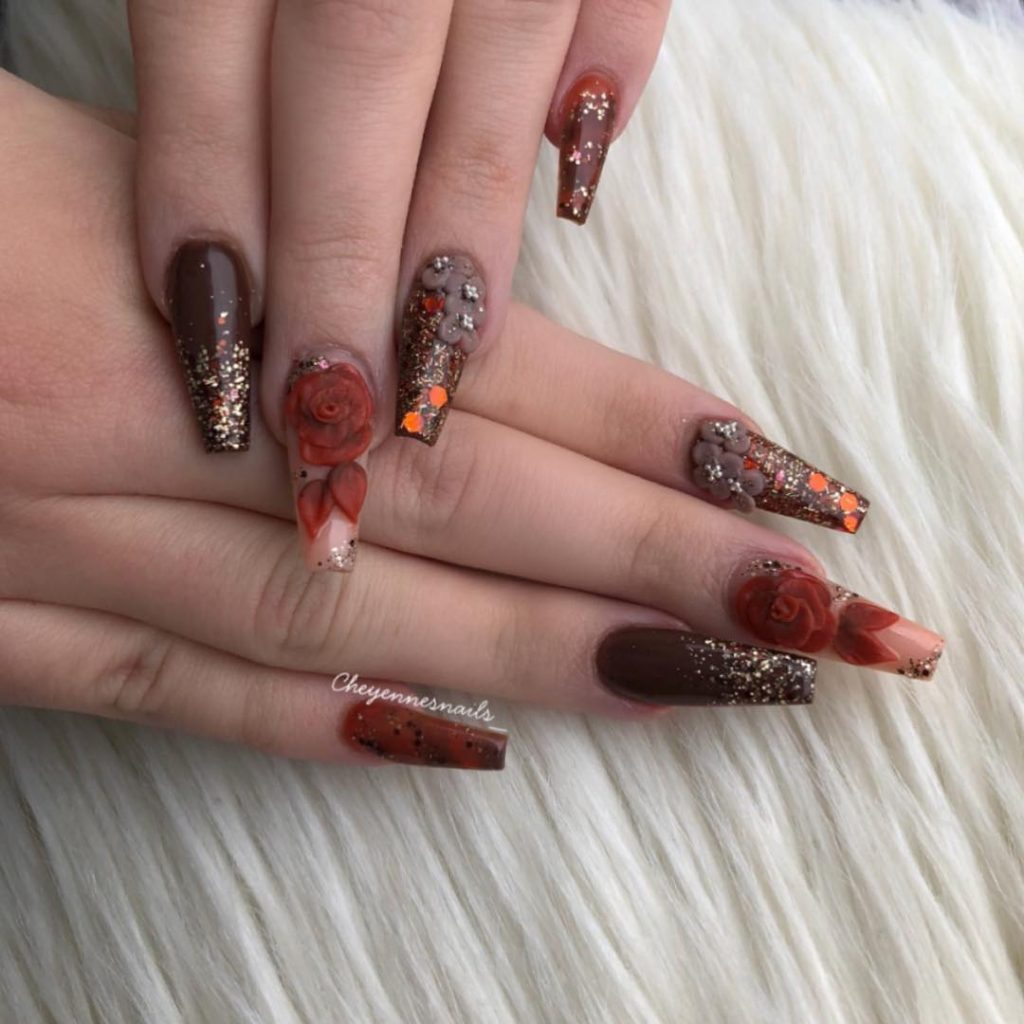 Gorgeous Long Coffin Shaped Thanksgiving Nails Color Design