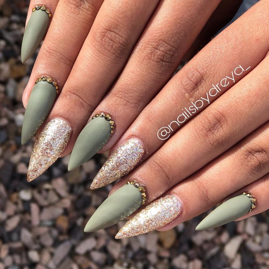 Gorgeous Light Matte Olive Green Stiletto Fall Nails Design with Diamonds & Gold Glitter Nails