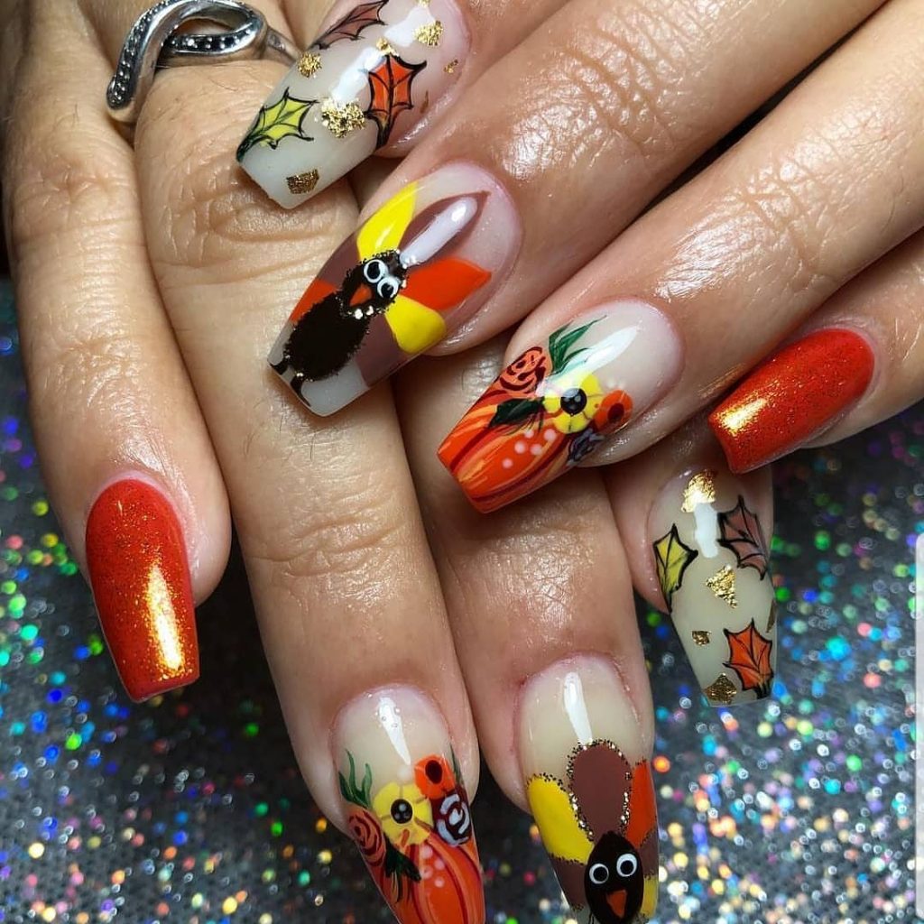 Gorgeous coffin shaped Thanksgiving Nails design