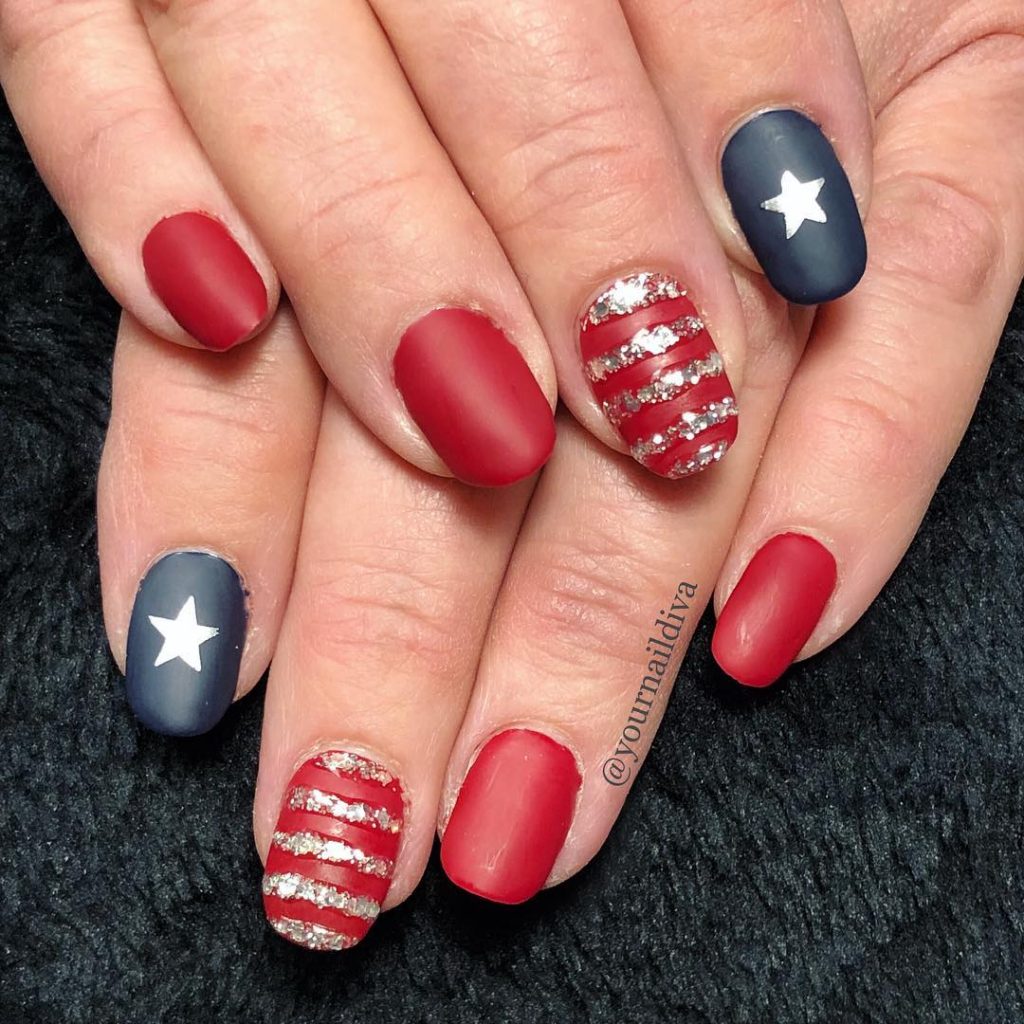 Great Red and Blue Matte Patriotic Nails with Glitters on Accent Nails
