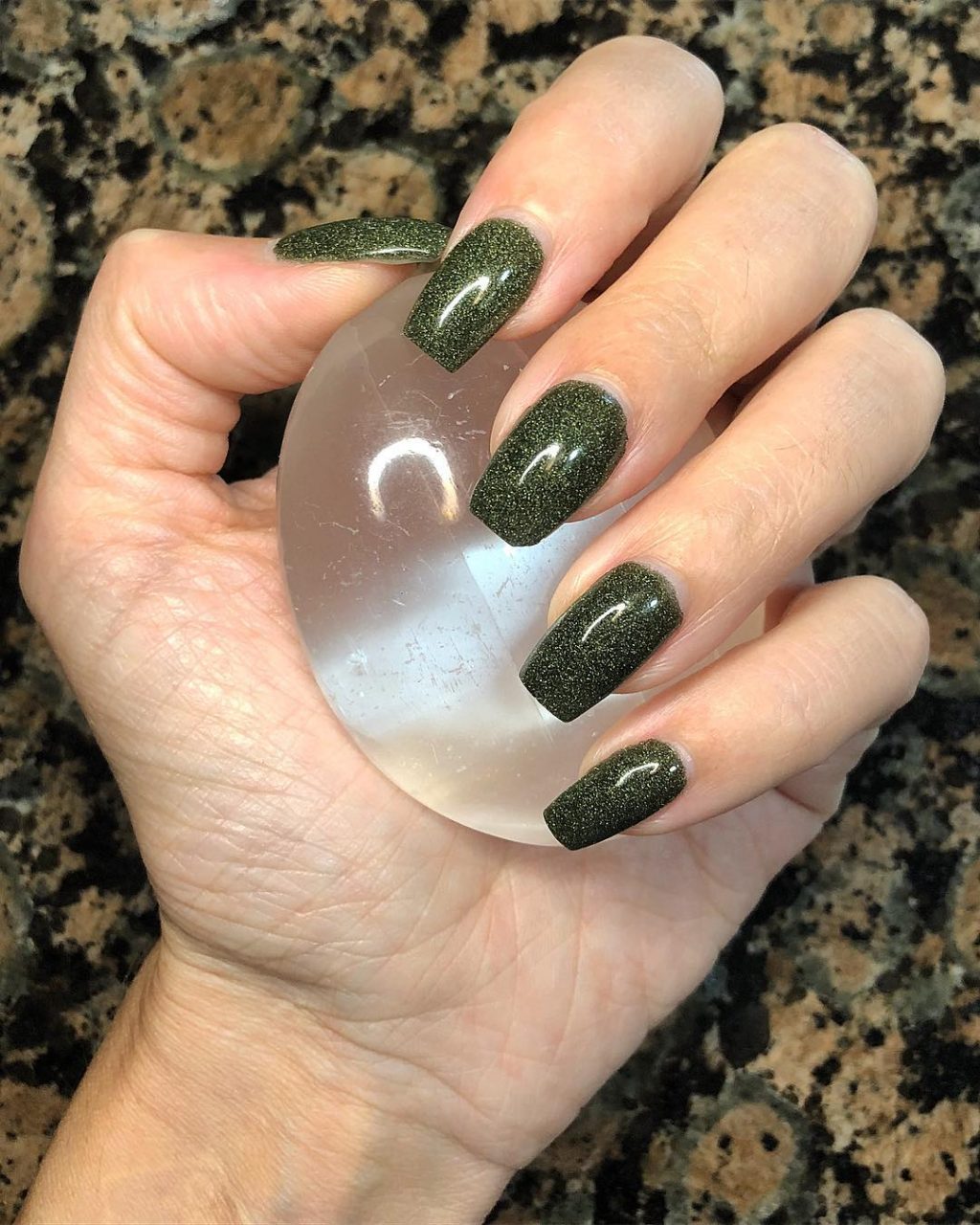 So Beautiful Olive Green Fall Nails With Micro Gold Glitters