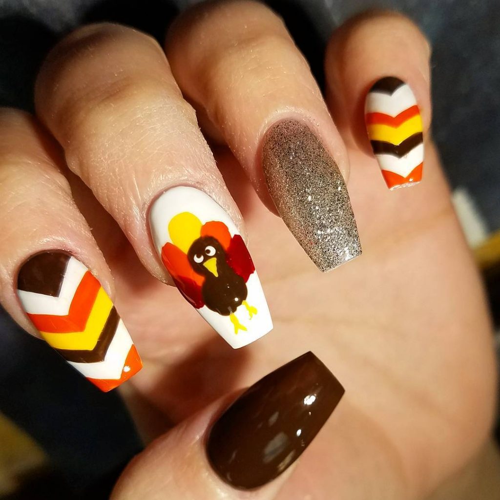So Beautiful Turkey Thanksgiving Nails Design coffin shaped