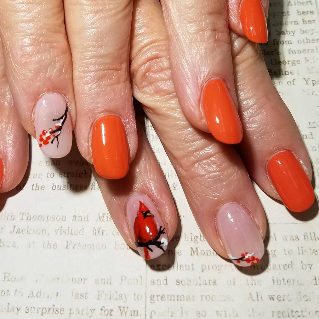 So Cute Thanksgiving Nails with Red Bird on accent nail