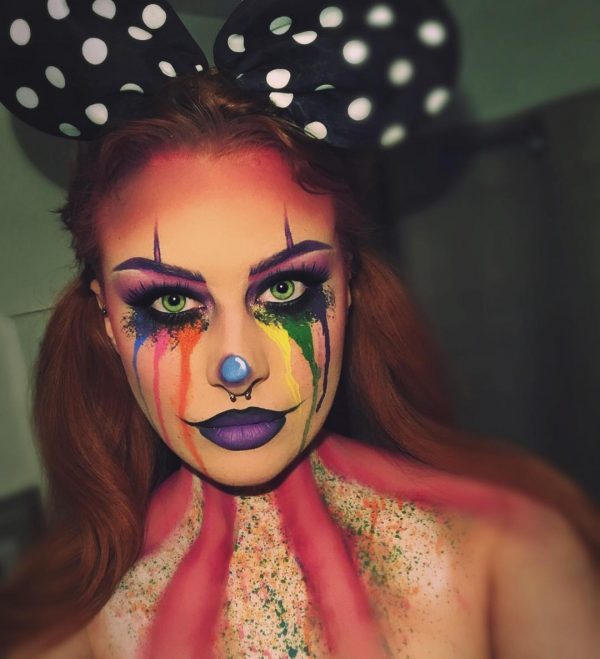 Spooky Halloween clown makeup Look with crying rainbow tears, one of the best Halloween makeup ideas to wear